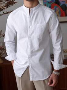 Camisa casual de negocios de manga larga con botones de unicolor para hombres, otoño - Blanco - Ver 5