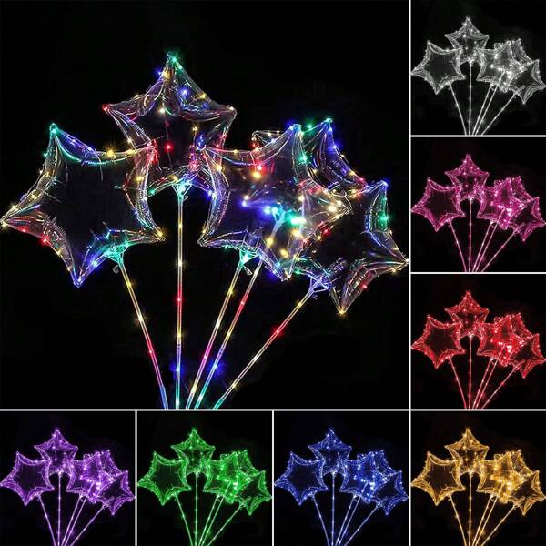 5pcs LED Illuminated Transparent 5-Pointed Star Bubble Balloons - Suitable For Weddings, Birthdays, And Bachelorette Parties, Glow Balls With Ambient Lighting (Batteries Not Included), Christmas Party Decorations, Valentine's Day Decor, Anniversary, Wedding Supplies, Mother's Day, Graduation Scene Decoration