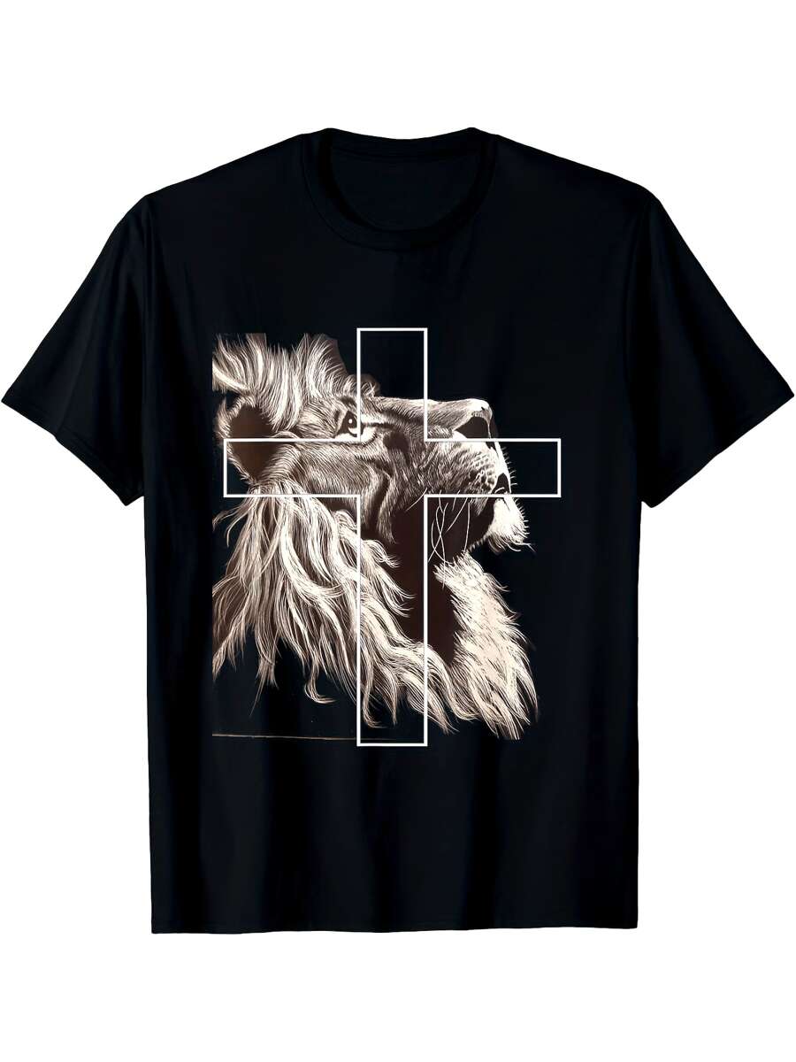Camiseta de Jesús, León de Judá, camiseta de moda versátil para hombre, ideal para entrenamientos, eventos sociales o relajación - Negro - Ver 1