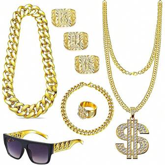 8pcs 80s 90s Accessories Outfit For Men Hip Hop Costume Kit Old School Rapper Sunglasses Faux Gold Rope Chain Bracelet Dollar Sign Chain Ring Kanji Ring Halloween Party Decorations