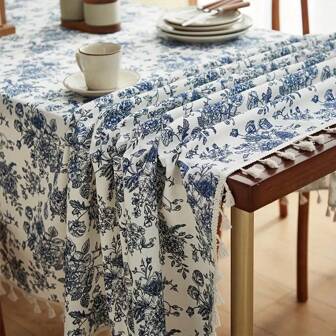 Tokoto 1pc Vintage Blue & White Floral Print Tablecloth, Bohemian Farmhouse Style Faux Linen Tassel Home Decor Tablecloth For Dining Room, Kitchen, Bedroom, Living Room, Hotel, Holiday, Party, All Seasons