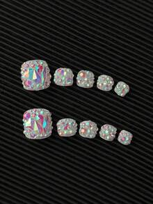 10pcs/Pack Rhinestone Studded Square Toe Nail Stickers, Handmade With Colorful Transparent Rhinestones And Glitter Design, Reusable Sparkling Nail Art Decals For Women Nails - Multicolor - View 4