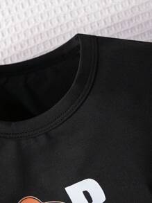 Young Boy Casual Teddy Bear Basketball Letter Print Black Short Sleeve T-Shirt And Shorts Set, Suitable For Daily Wear, Travel, Gathering