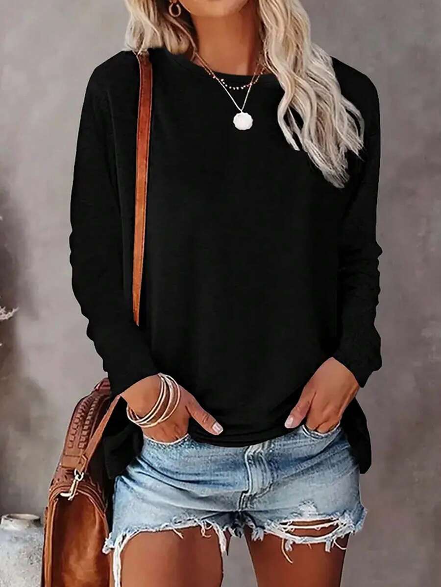 Women's Casual Long Sleeve T-Shirt, Solid Crew Neck Tee, Refined Craftsmanship With Collar Lining, Suitable For Spring And Autumn