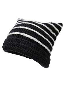 1pc Unisex Hand Knitted Cute Striped Cat Ear Beanie Hat, Autumn Winter Warm Ear Protective Handmade Striped Ski Mask Street Fashion Hip-Hop Couple Headwear - Multicolor - View 27