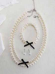 2 Necklaces 2 Bracelets 1 Pair Earrings Fashionable Elegant High-End Multi-Layer Faux Pearl Bowknot Set Suitable For Women Daily Wear Wedding Party Formal Wear Gift For Family And Friends - 6-piece Faux Pearl Bead Set - View 9