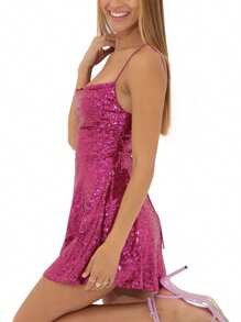 Women Shiny Sequins Dress Summer Backless A-Line Mini Party Dress for Cocktail Beach Streetwear - Rosa Fucsia - Ver 3
