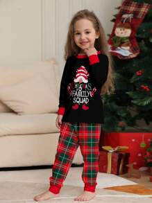 2pcs Christmas Pajama Set For Kids 4Y-12Y, Santa Hat & Letter Print Top + Plaid Pants