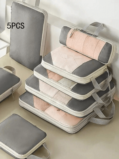 5pcs Grey Nylon Portable Travel Compression Storage Luggage Bag Set - Organize Your Clothing, Shoes, Socks, And Underwear With Ease - Perfect For Luggage And Suitcase Packing Slogan Graphic Travel Storage Bag Portable With Shoe Toiletry And Laundry Bags School Supplies School Stuff For School For College Dorm Room Decor Bedroom Decor Dorm Essentials For Student Teacher Waterproof Luggage Suitcase Organizer & Travel Accessories