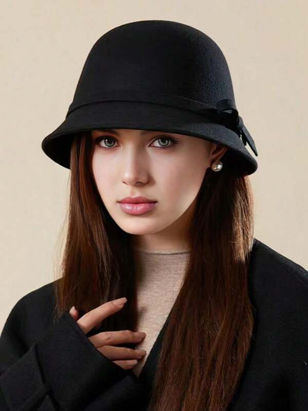 1pc Vintage French Style Women's Wool Beret Hat, Elegant Bucket Hat, Solid Color, Versatile, Mini Round Top, Stylish Bowknot, Suitable For Party, Gathering, Everyday Use, Autumn/Winter