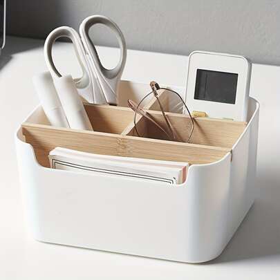 Desktop Storage Box, Office Student Cosmetics, Miscellaneous Snacks Storage Basket, Kitchen Home Partition Storage Box, Office Desk Storage Box, Pen And Pencil Holder - Desktop Box With 5-8 Compartments - Multifunctional Desk Storage Box For Home And Office Use, With Adjustable Wooden Partitions