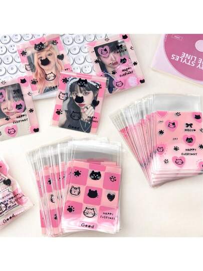 50/100 pièces Sachets OPP transparents motif mignon de chat, sacs cadeaux pour cartes/rangement d'accessoires, rentrée scolaire, Saint-Valentin, etc.