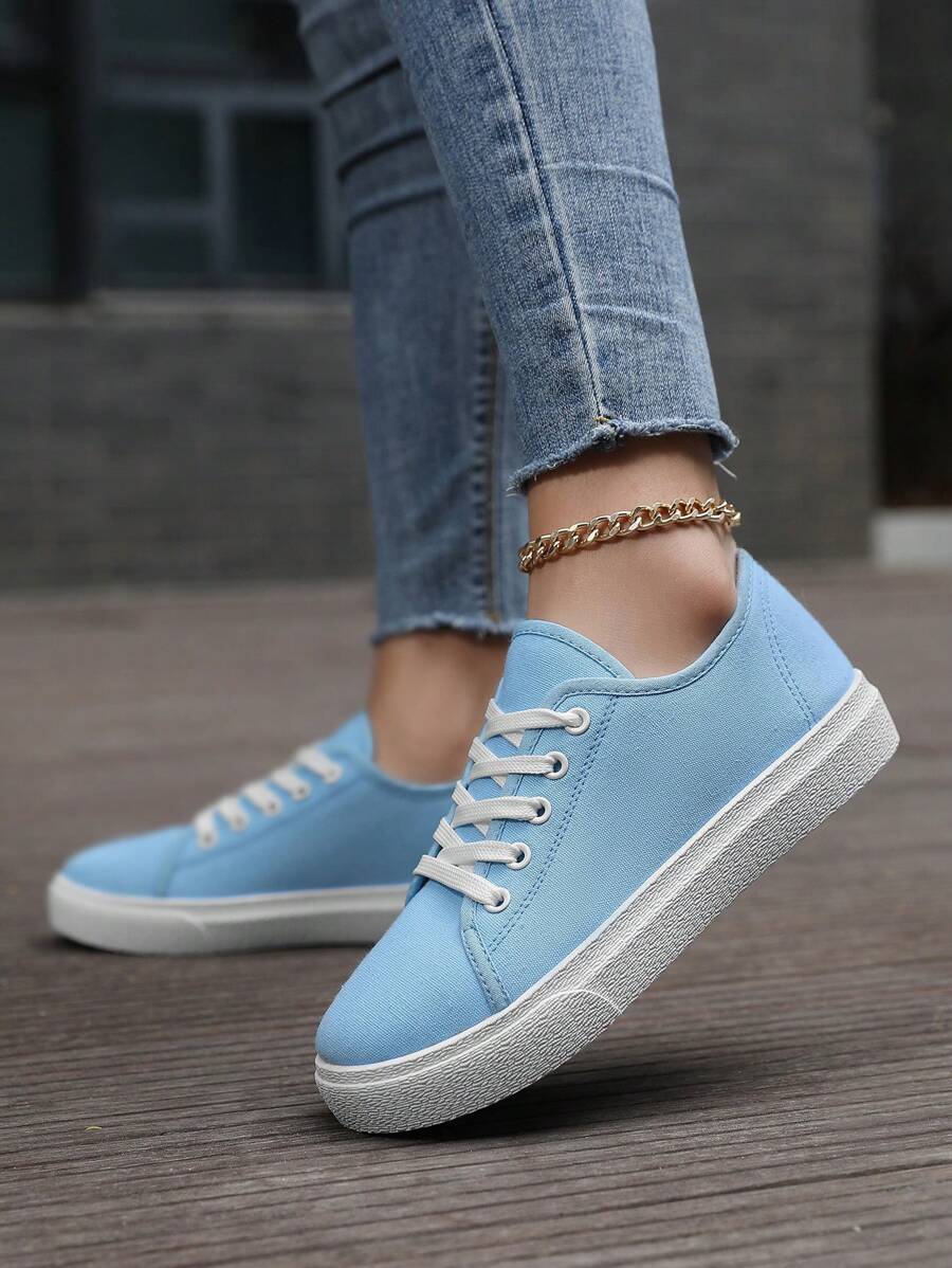 女士白色运动鞋，厚底帆布鞋，平底系带休闲鞋，户外休闲舒适鞋，透气时尚休闲鞋