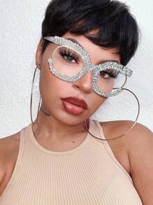 1pc Oversized Round Fashionable Glasses With Diamond Studded Half Frame, Personalized Multifunctional Glasses Frame, Transparent Glasses, Shiny Accessories - 無色 - 查看 2