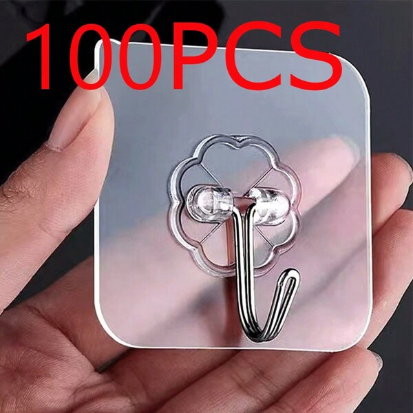 100pcs Super Sticky Transparent Wall Hooks, Removable No Drill Hooks For Kitchen, Bathroom, Bedroom, Living Room, Multi-Function Hooks, Suitable For Party, Christmas, Valentine's Day Decor, Minimalist, Wedding Decor, Boho, Bathroom & Kitchen Accessories, Home Decoration