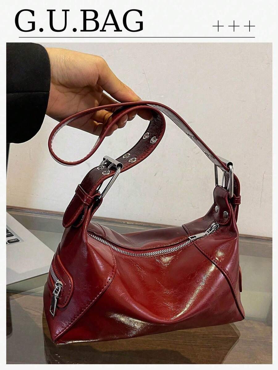 1 件新款女士单肩包，流行简约设计 PU 材质斜挎包，拉链开合，可调节肩带，携带舒适，容量大，适合日常使用，非常适合秋冬季，适合送礼，好朋友的礼物 - 酒紅色 - 查看 1