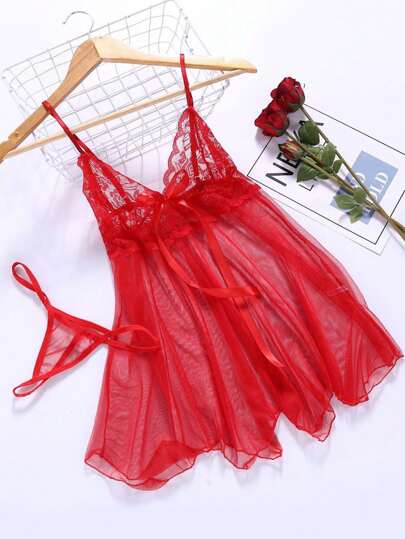 Contrast Kanten Semi Doorschijnende Lingerie Set, Asymmetric Hem Bow Slip Dress String, Verleidelijke Underwear Intimates, Rave Going Out