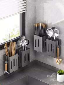 Multifunctional Chopstick Storage Box, Wall-Mounted Chopstick Holder, Kitchen Utensil Rack, No Drilling Wall Mount, Countertop Cutlery Drainer - Multicolor - View 3