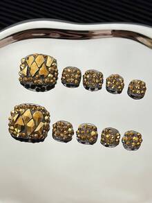 10pcs/Pack Rhinestone Studded Square Toe Nail Stickers, Handmade With Colorful Transparent Rhinestones And Glitter Design, Reusable Sparkling Nail Art Decals For Women - Gold - View 9
