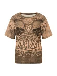 Women Vintage Skull Print T-Shirt  Crew Neck Short Sleeve Loose Tops  Summer Streetwear - Grey - View 5