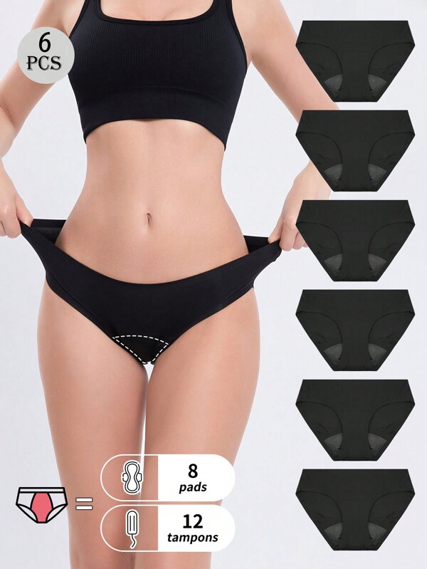 6Pcs Super Absorbent Black Physiological Leak Proof Underwear For Women, Comfortable And Elastic Low Waisted Underwear, Close Fitting Physiological Underwear Suitable For Women's Menstrual Leak Proof And Incontinence Prevention Triangle Underwear