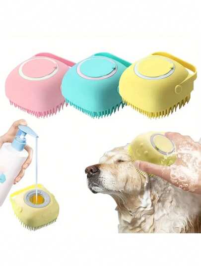 1-Pack Pet Bath Brush And 2 Packs Silicone Toothbrushes With Built-In Soap Reservoir For Cats And Dogs,Beauty Massage Brush