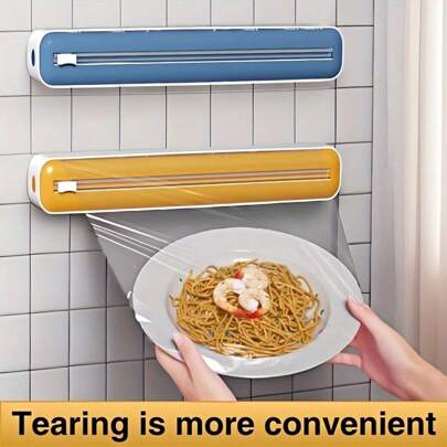 1pc Wall-Mounted Cling Film Cutter, Plastic Wrap Dispenser, Magnetic Cling Film Cutter Box With Blade For Fridge, Refillable Plastic Wrap Dispenser With Cutter, Kitchen Foil & Wrap Cutter, Cooking Utensil