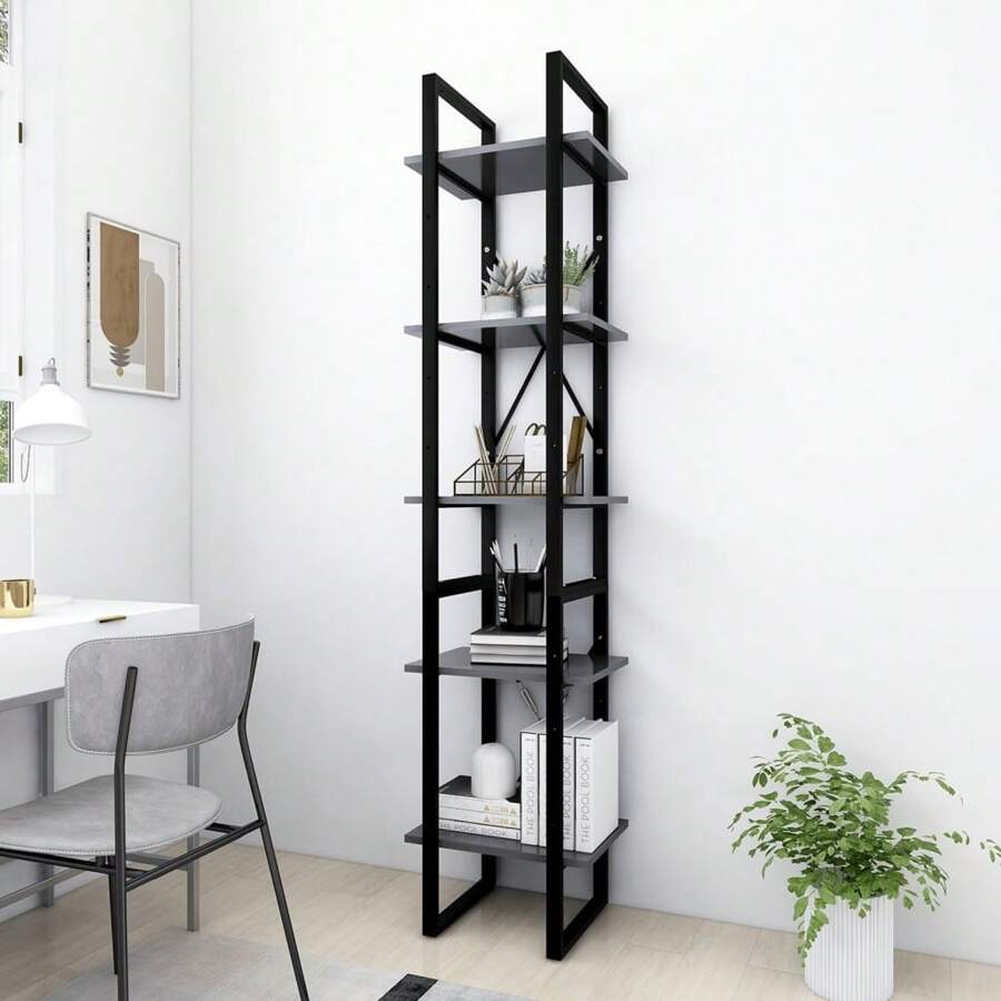 5 Tier Tall Bookcase Grey Engineered Wood Storage Shelf 40x30x175 Cm Modern Design Home Office Furniture - Grey - View 1