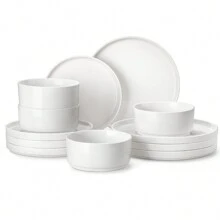 12-Piecee Porcelain Dinnerware Set, Dinner Plate, Dessert Plate And Bowl Set For 4 Person, Plain White - Blanco - Ver 1