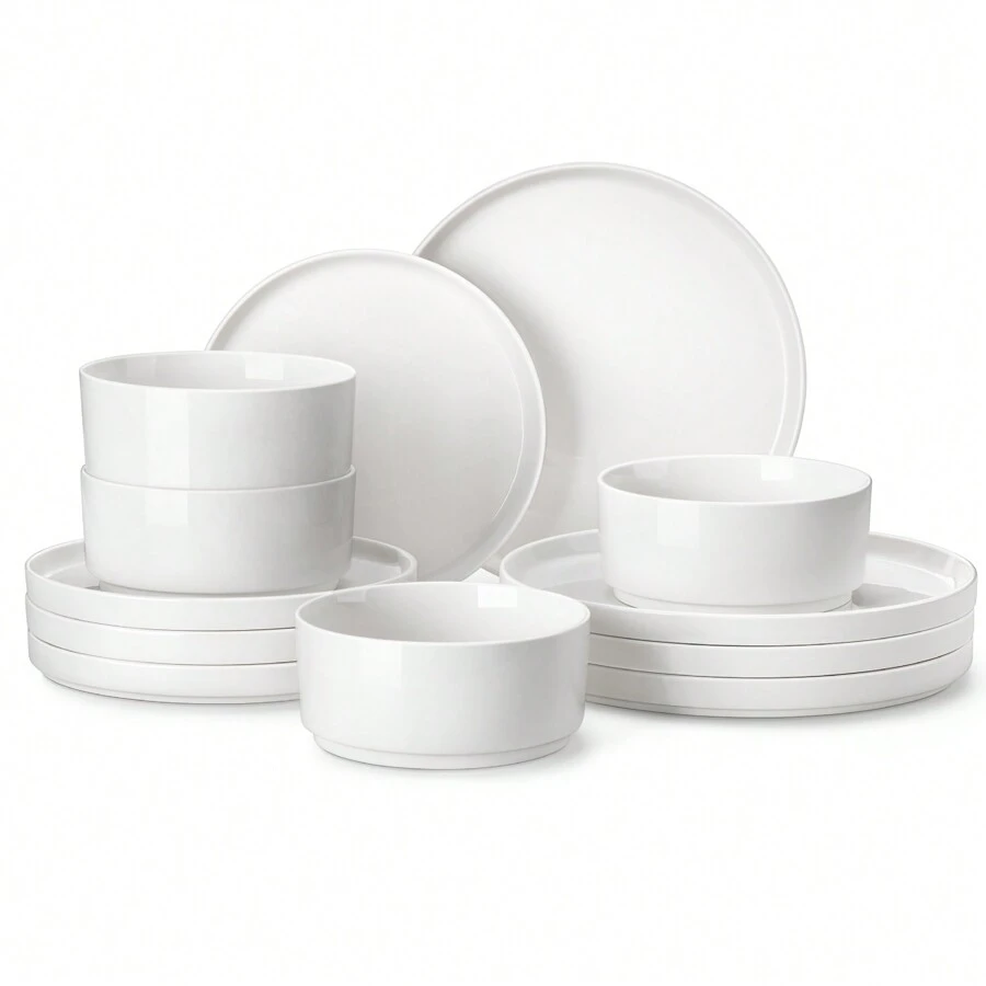 12-Piecee Porcelain Dinnerware Set, Dinner Plate, Dessert Plate And Bowl Set For 4 Person, Plain White - Blanco - Ver 1