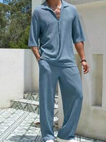 tooluck 2 Piece Men's Solid Color Casual Suit Short Sleeve Shirt And Trousers Two Piece Set - 藍色 - 查看 1