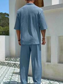 tooluck 2 Piece Men's Solid Color Casual Suit Short Sleeve Shirt And Trousers Two Piece Set - 藍色 - 查看 3