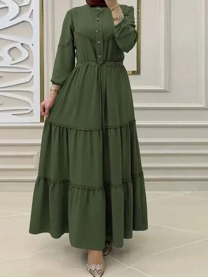 Women Arabic Style Solid Color Button Up Ruffle Hem Long Sleeve Midi Dress, Modest