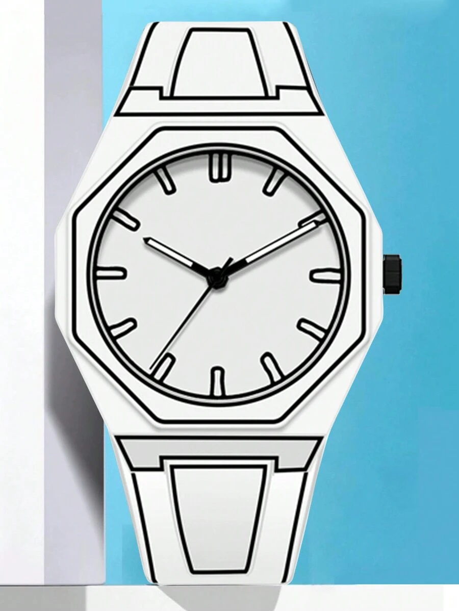 PINTIME 1 Pc Men's Quartz Watch With Octagonal Dial, Silicone Strap, Water-Resistant, Luminous, Fashionable Business Calendar Watch Suitable For All Occasions