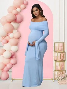 Maternity Long Sleeve Solid Color Off-Shoulder Dress For Baby Shower Photoshoot Party, Elegant - Baby Blue - View 5