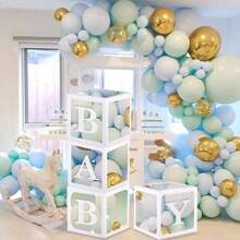 Cajas de globos blancos, con letras para Baby Shower, 1 caja con 1 letra o 1 juego de 4 cajas y letras B-A-B-Y, decoraciones de fiesta de baby shower para fiestas de cumpleaños, cajas de globos transparentes, bloques claros para fiestas de cumpleaños, duchas nupciales, revelación de género, decoraciones de cajas de globos