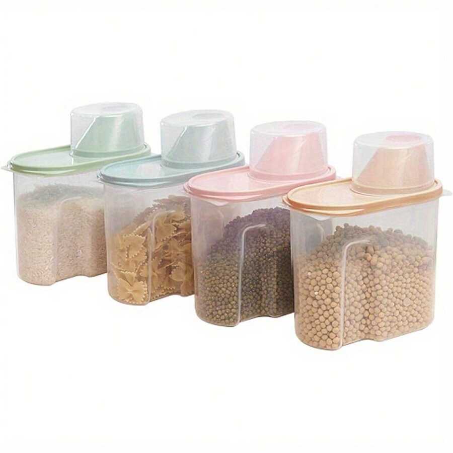 4PCS Cereal Storage Containers 1.9L Airtight Food Storage Container With Spout For Kitchen Plastic Dry Food Dispenser Containers With Measuring Cup For Cereals Rice Pet Food Dry Food