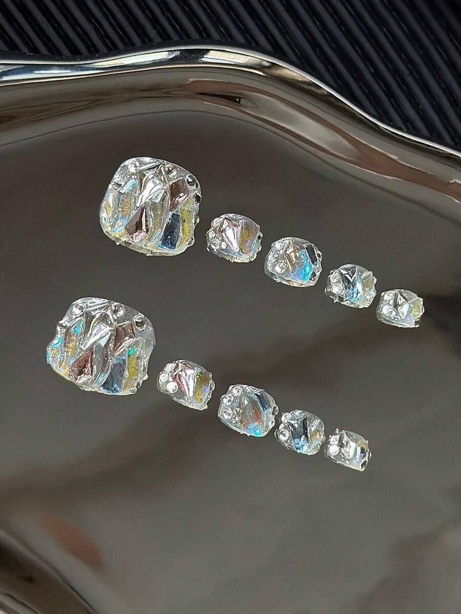 10 piezas/paquete Pegatinas para uñas con tachuelas de rhinestone en forma cuadrada, hechas a mano con rhinestones transparentes de colores y diseño con brillo, calcomanías de arte de uñas brillantes y reutilizables para mujeres - Multicolor - Ver 1