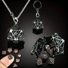 7pcs Mini Antique Metal Icosahedron D20 Dice Set - Portable Keychain Necklace With Hollow Case, Perfect For D&D Role Play Games - Unique Gift For Gamers,Adult Party Games Suitable For Halloween/Christmas/Thanksgiving