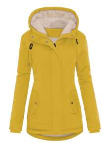 女士纯色长袖抽绳连帽休闲保暖内衬冬季夹克 - 黃色 - 查看 1