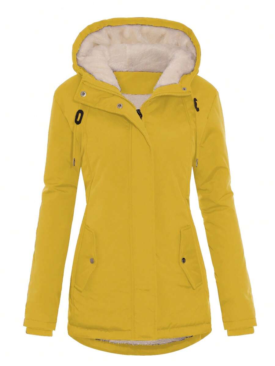 女士纯色长袖抽绳连帽休闲保暖内衬冬季夹克 - 黃色 - 查看 1