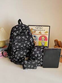 3-Piece Nylon Bow Allover Print Multi-Pocket Foldable Waterproof Zipper Backpack, Suitable For Teenagers, High School And College Students, Graduation, Daily School, Training, Women, Valentine's Day Outfit, Commute, Shopping, Travel, Gift, Back To School Essentials, Fashion School Backpack With Pencil Case, Cute Bow Backpack