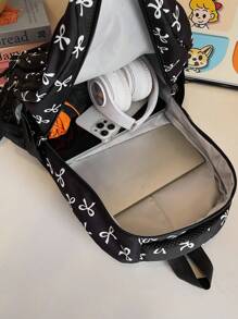 3-Piece Nylon Bow Allover Print Multi-Pocket Foldable Waterproof Zipper Backpack, Suitable For Teenagers, High School And College Students, Graduation, Daily School, Training, Women, Valentine's Day Outfit, Commute, Shopping, Travel, Gift, Back To School Essentials, Fashion School Backpack With Pencil Case, Cute Bow Backpack