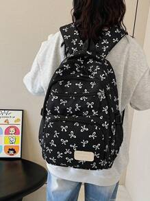 3-Piece Nylon Bow Allover Print Multi-Pocket Foldable Waterproof Zipper Backpack, Suitable For Teenagers, High School And College Students, Graduation, Daily School, Training, Women, Valentine's Day Outfit, Commute, Shopping, Travel, Gift, Back To School Essentials, Fashion School Backpack With Pencil Case, Cute Bow Backpack