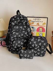 3-Piece Nylon Bow Allover Print Multi-Pocket Foldable Waterproof Zipper Backpack, Suitable For Teenagers, High School And College Students, Graduation, Daily School, Training, Women, Valentine's Day Outfit, Commute, Shopping, Travel, Gift, Back To School Essentials, Fashion School Backpack With Pencil Case, Cute Bow Backpack