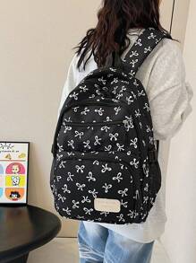 3-Piece Nylon Bow Allover Print Multi-Pocket Foldable Waterproof Zipper Backpack, Suitable For Teenagers, High School And College Students, Graduation, Daily School, Training, Women, Valentine's Day Outfit, Commute, Shopping, Travel, Gift, Back To School Essentials, Fashion School Backpack With Pencil Case, Cute Bow Backpack
