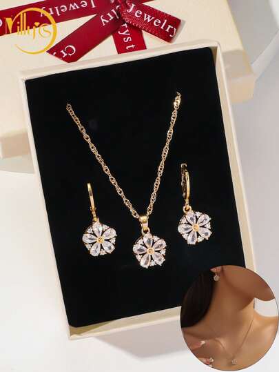 3pcs/Box Sparkling Zirconia Flower Earrings Necklace Set, Lucky Leaf Jewelry Set Daily Wear, Party, Dating, Wedding, Bridal Gift, Lover Gift, Gift For Mom, Christmas Gift Box, Birthday Gift