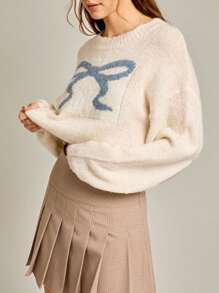 Women Comfy Cropped Sweaters Casual Cute Bow Print Warm Long Sleeve Pullover Basic Knitwear For Fall Streetwear - 淺黃色 - 查看 2