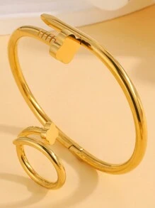2 piezas combinación de brazalete y anillo clásicos de acero inoxidable con diseño de corazón/flor, de estilo sencillo y moderno, look atemporal, adecuado para todos tus estilos