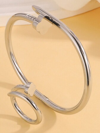 2 Pieces Simple And Fashionable Stainless Steel Classic Heart/Flower Bracelet + Ring Combination, Classic Style, Timeless, Suitable For All Your Styles